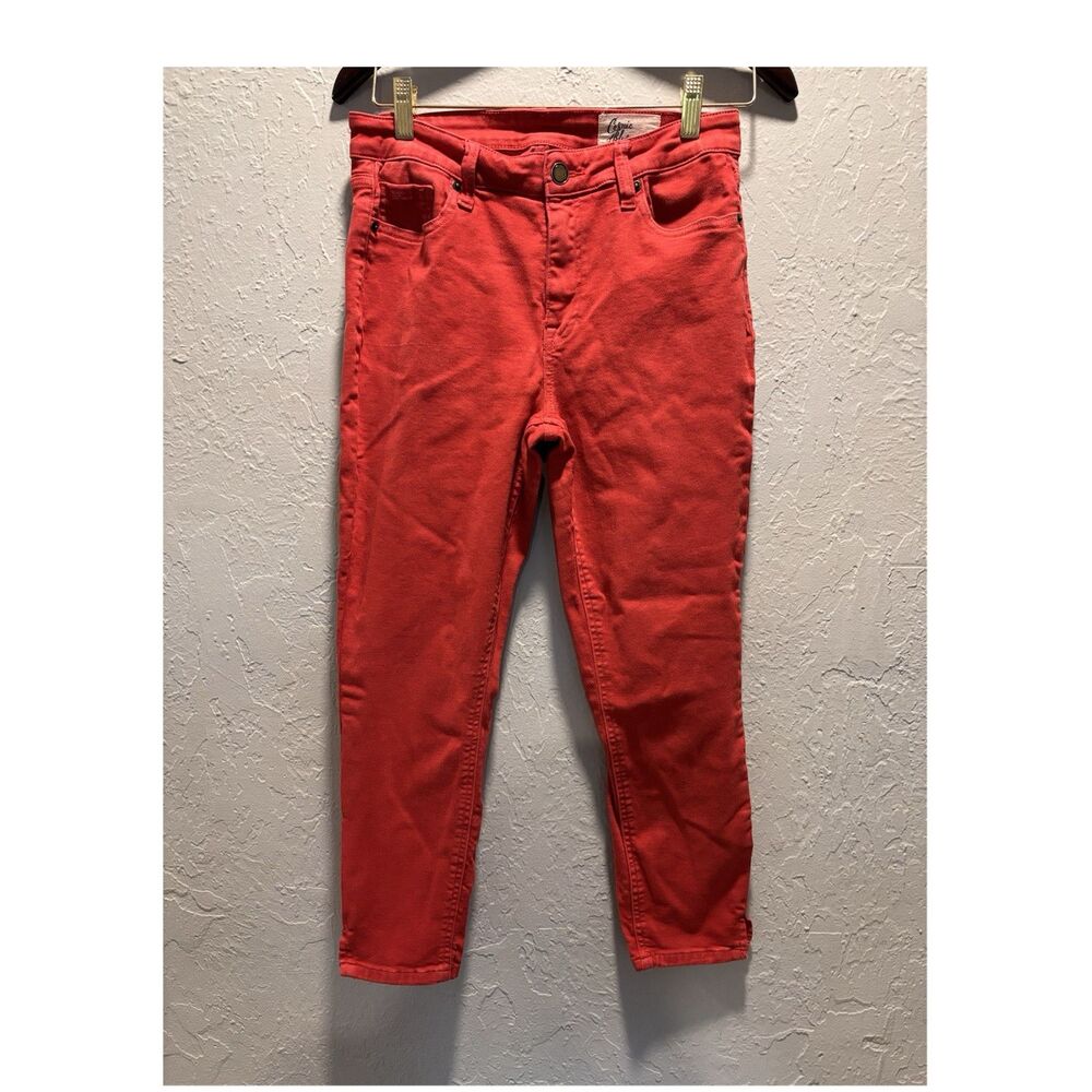 Cosmic Blue Love Capri Jeans Women's Red Stretch Denim Button Zip 5-Pocket